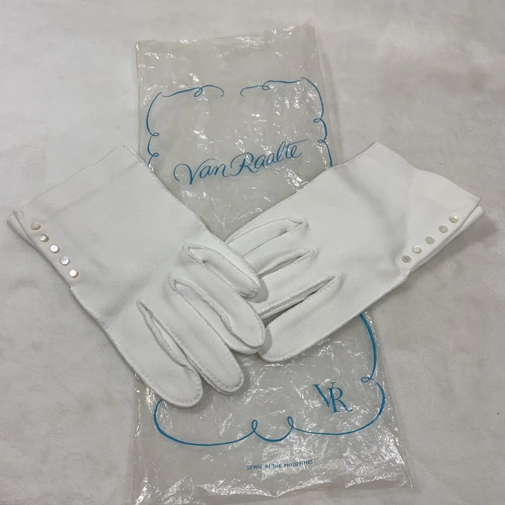 Vintage‎ Women's Van Raalte White Driving Gloves Button Embellished Nylon Formal